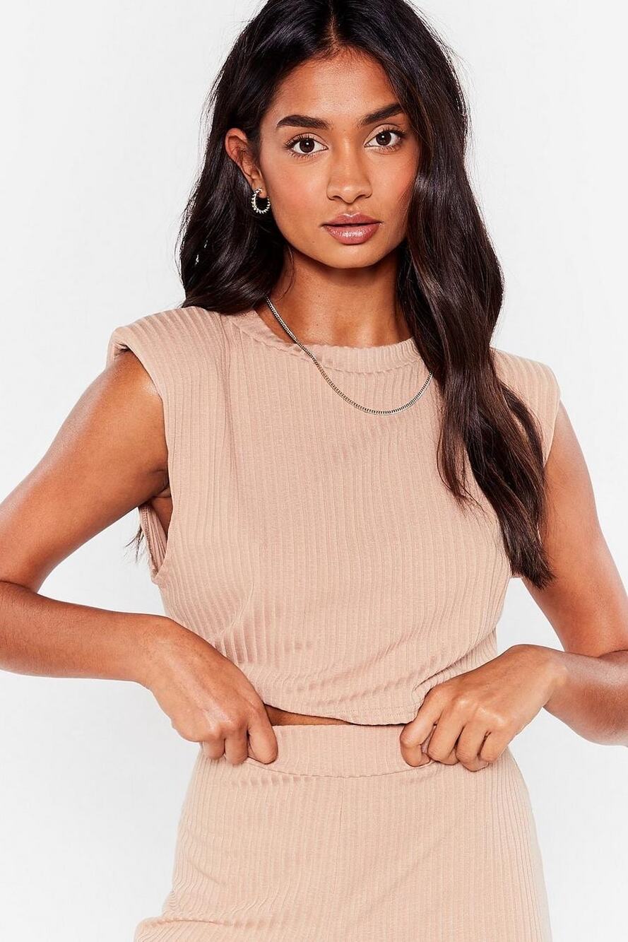 Nasty Gal NWT Taupe Ribbed Padded Shoulders Crop Top - Size Small - Sleeveless
